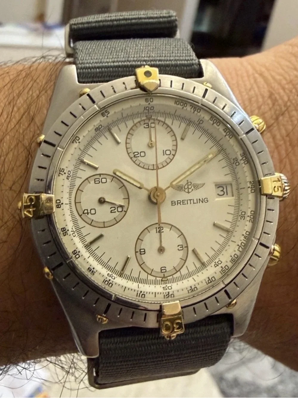 Vintage Breitling Chronomat B13047 18k Gold Steel White Dial Automatic Watch